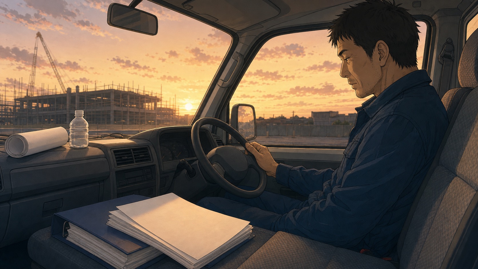 夕方、仕事を終えた軽トラックの運転席。助手席に置いた書類の束に目をやる職人