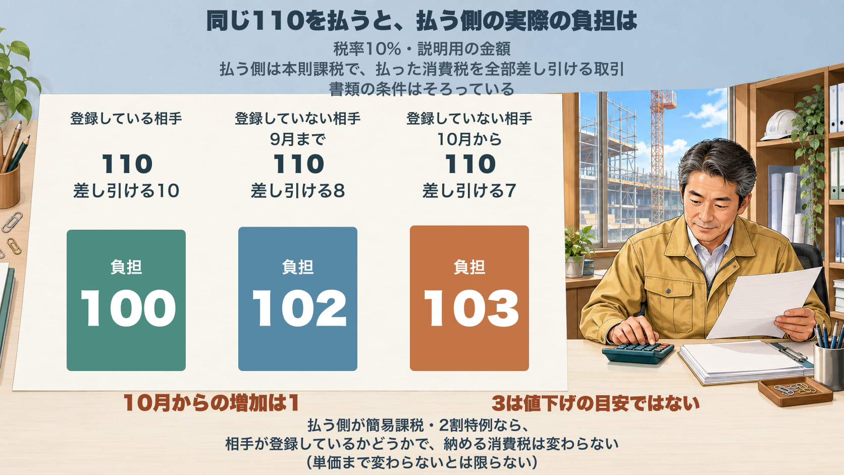 同じ110を払ったときの、払う側の実際の負担。税率10%・説明用の金額で、払う側は本則課税で、払った消費税を全部差し引ける取引。書類の条件はそろっている。登録している相手=差し引ける10で負担100。登録していない相手=9月まで差し引ける8で負担102、10月から差し引ける7で負担103。10月からの増加は1。3は値下げの目安ではない。払う側が簡易課税・2割特例なら、相手が登録しているかどうかで、納める消費税は変わらない(単価まで変わらないとは限らない)