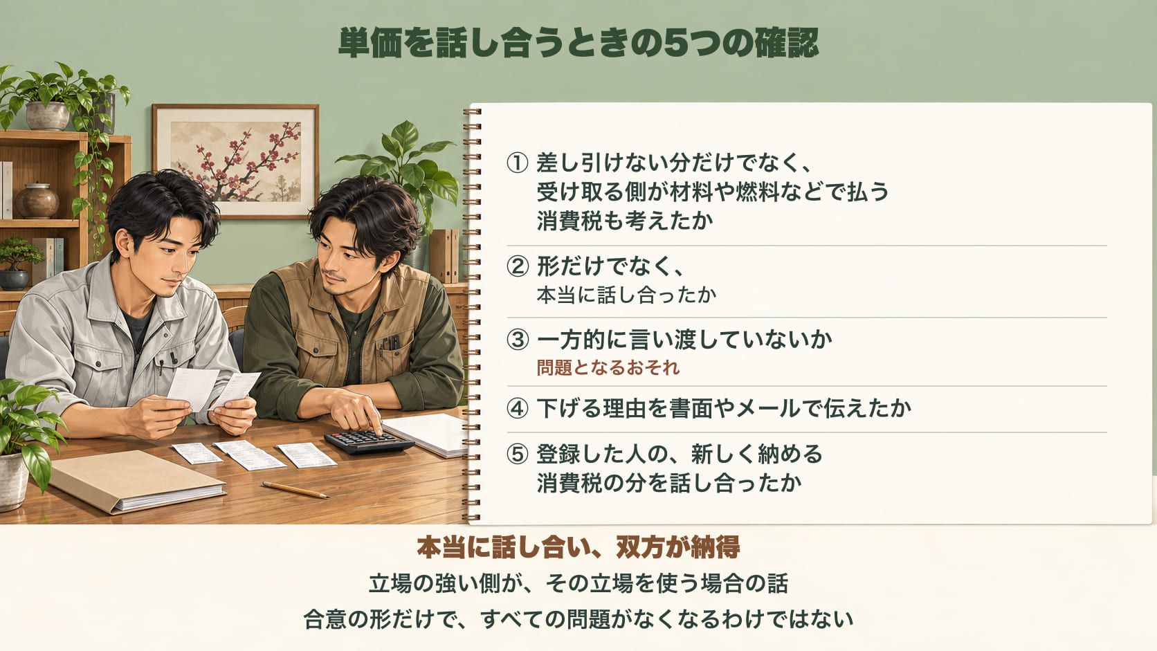 単価を話し合うときの5つの確認。①差し引けない分だけでなく、受け取る側が材料や燃料などで払う消費税も考えたか ②形だけでなく、本当に話し合ったか ③一方的に言い渡していないか(問題となるおそれ) ④下げる理由を書面やメールで伝えたか ⑤登録した人の、新しく納める消費税の分を話し合ったか。本当に話し合い、双方が納得することが前提。立場の強い側が、その立場を使う場合の話で、合意の形だけで、すべての問題がなくなるわけではない