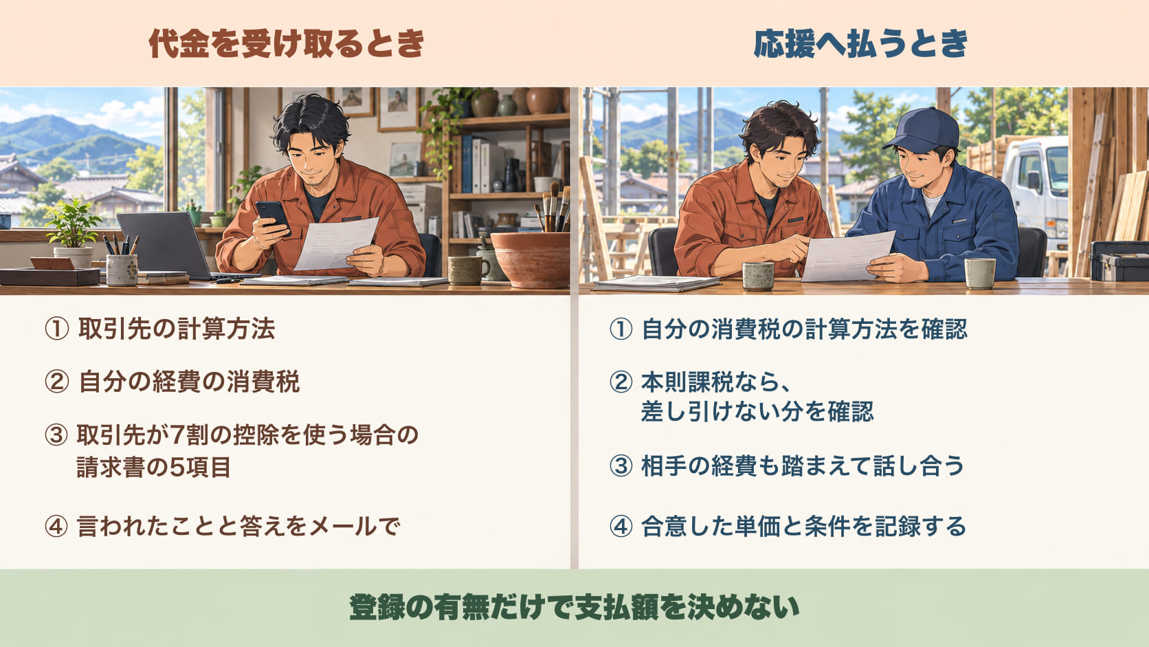 確認の手順。代金を受け取るとき=①取引先の計算方法 ②自分の経費の消費税 ③取引先が7割の控除を使う場合の請求書の5項目 ④言われたことと答えをメールで。応援へ払うとき=①自分の消費税の計算方法を確認 ②本則課税なら、差し引けない分を確認 ③相手の経費も踏まえて話し合う ④合意した単価と条件を記録する。登録の有無だけで支払額を決めない