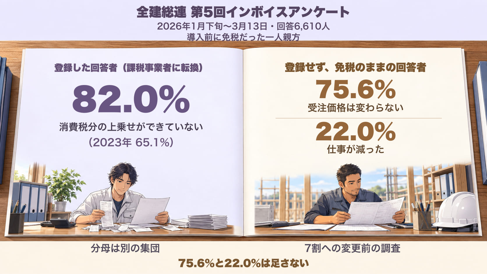 全建総連の第5回インボイスアンケート(2026年1月下旬から3月13日・回答6,610人・導入前に免税だった一人親方)。登録した回答者(課税事業者に転換)の82.0%が消費税分の上乗せができていない(2023年は65.1%)。登録せず、免税のままの回答者の75.6%が受注価格は変わらない、22.0%が仕事が減った。分母は別の集団で、7割への変更前の調査。75.6%と22.0%は足さない