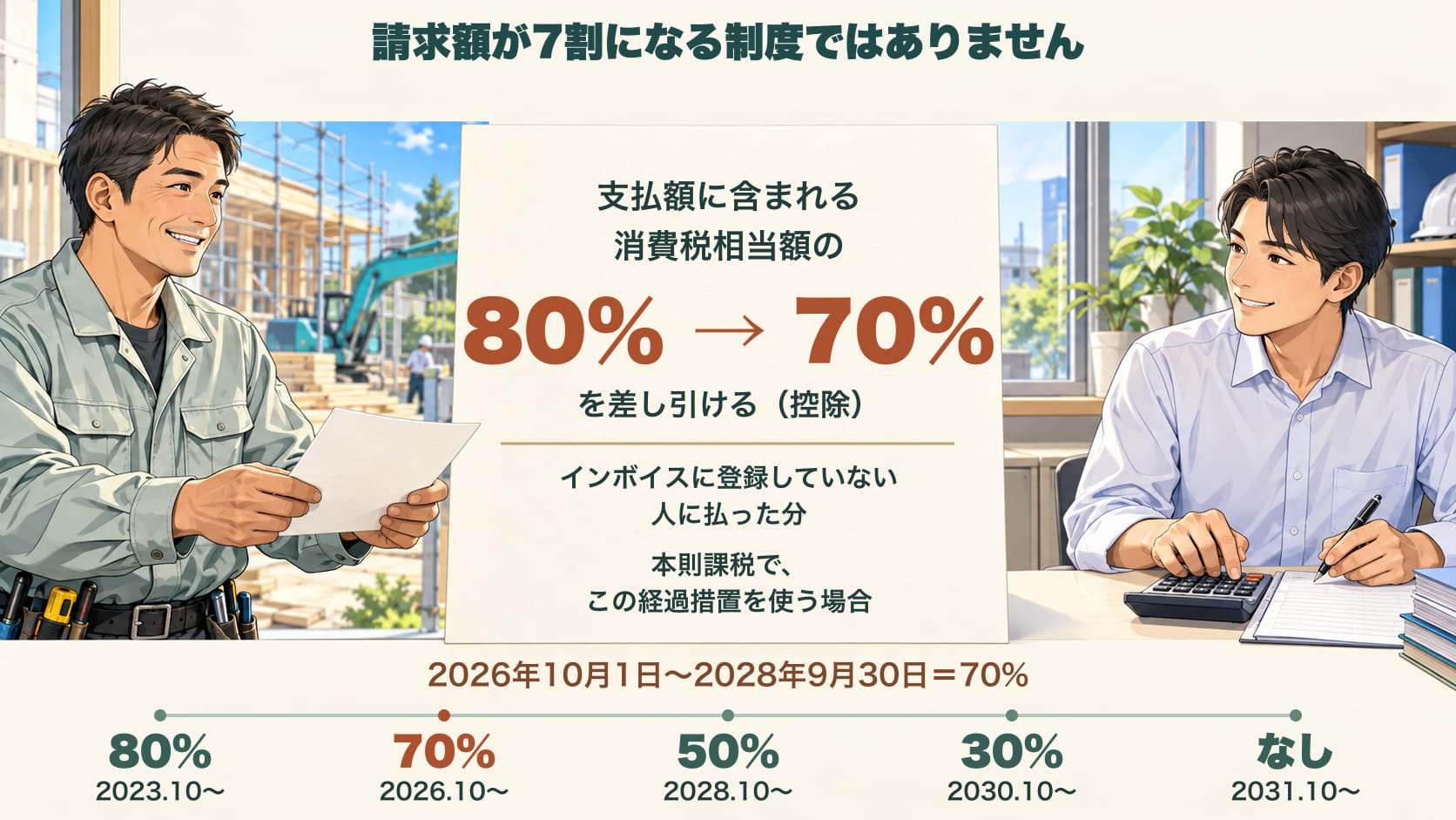 7割控除のしくみ。インボイスに登録していない人に払った分で、払う側が差し引けるのは、支払額に含まれる消費税相当額の80%から70%へ(2026年10月1日から2028年9月30日まで)。請求額が7割になる制度ではない。払う側が本則課税で、この経過措置を使う場合の話。年表=2023年10月から80%、2026年10月から70%、2028年10月から50%、2030年10月から30%、2031年10月からなし