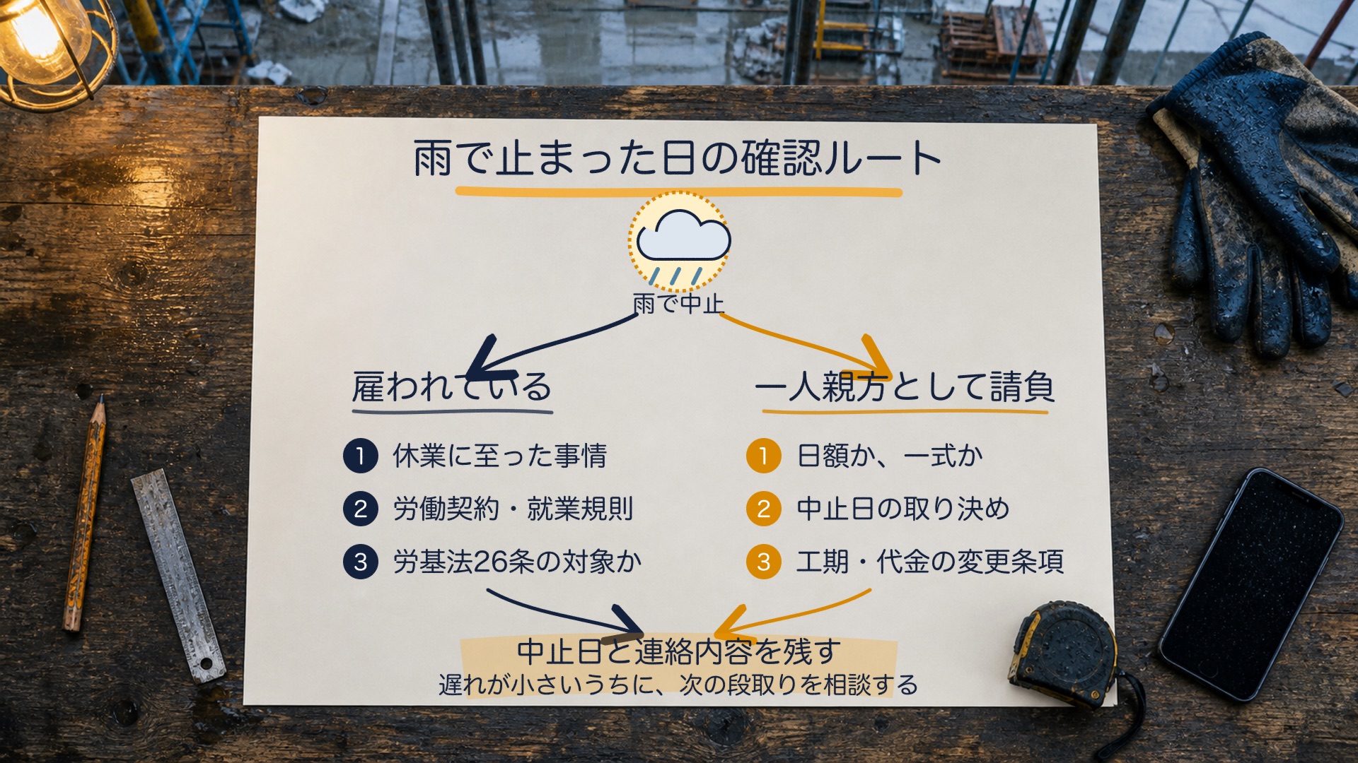 雨で現場が止まったとき、会社に雇われている人は休業に至った事情・労働契約や就業規則・労基法26条の対象かを確認し、一人親方として請負で入っている人は日額か一式か・中止日の取り決め・工期と代金の変更条項を確認する。どちらも中止日と連絡内容を残し、遅れが小さいうちに次の段取りを相談する