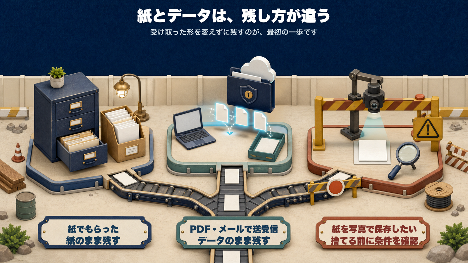 紙とデータは残し方が違う。紙でもらったものは紙のまま残す。PDFやメールで送受信したものはデータのまま残す。紙を写真で保存して捨てたい場合は、捨てる前に条件を確認する