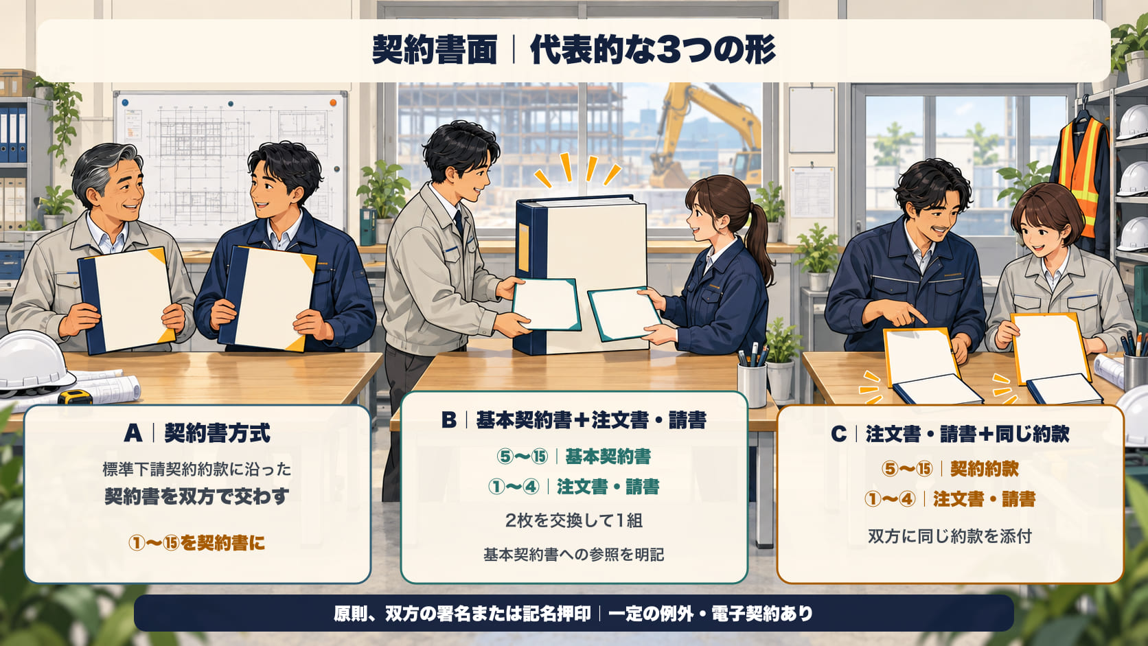 契約書面の代表的な3つの形。A＝標準下請契約約款に沿った契約書を双方で交わす。B＝基本契約書に⑤〜⑮を書き、注文書と請書に①〜④を書いて交換する。C＝注文書と請書のそれぞれに同じ契約約款を添付して交換する。いずれも原則として双方の署名または記名押印が必要で、一定の例外と電子契約がある