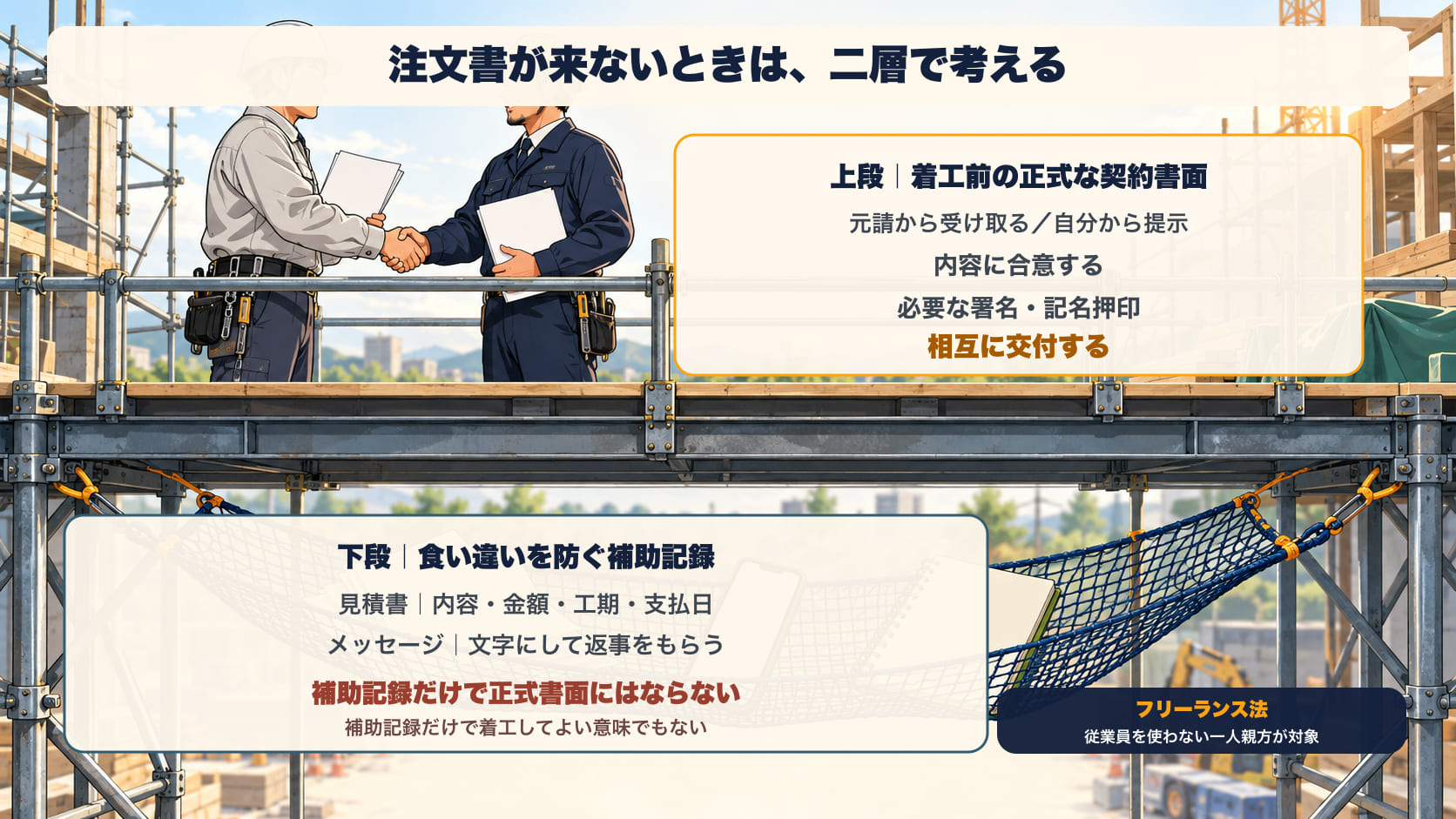 注文書が来ないときの二層。上段は、着工前に正式な契約書面を求め、自分から提示する場合も、内容への合意と必要な署名・記名押印を経て相互に交付する。下段は、見積書やメッセージに内容・金額・工期・支払日を残す補助記録。ただし、補助記録だけで建設業法19条の契約書面になるとは限らない