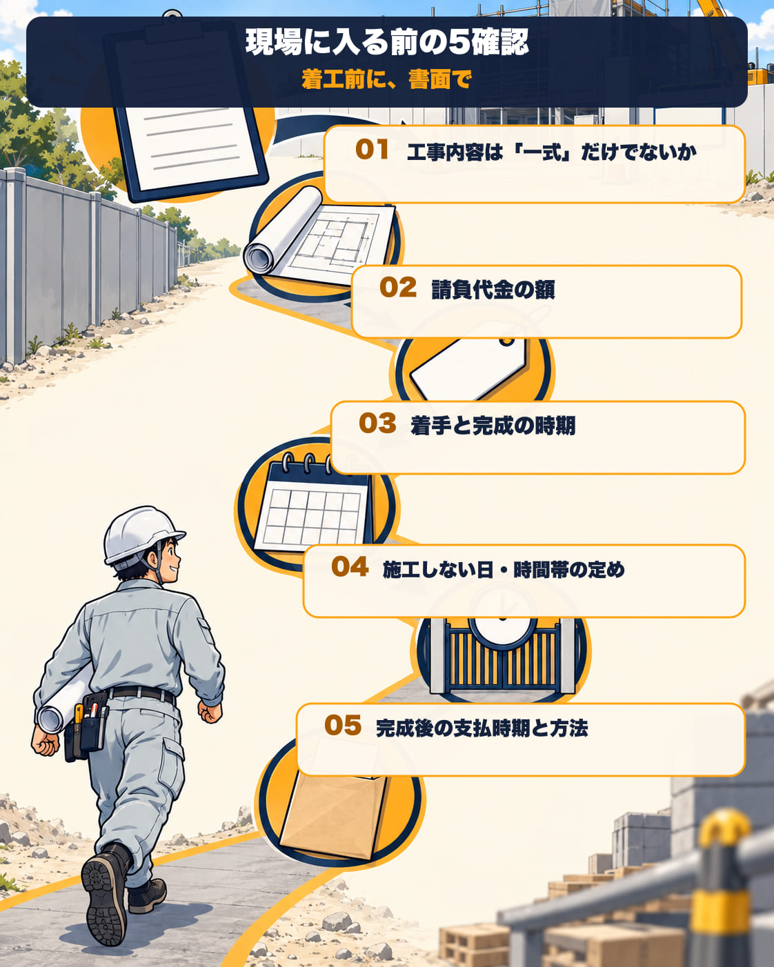 現場に入る前の5確認。①工事内容は「一式」だけでないか。②請負代金の額。③着手と完成の時期。④施工しない日・時間帯を定める場合は、その内容。⑤完成後の支払時期と方法。着工前に書面で確認する