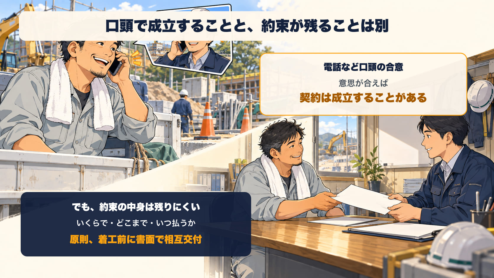 電話など口頭の合意でも契約が成立することがある。一方で、いくらで、どこまで、いつ払うかが記録に残らないことがある。建設業法は、契約内容を原則として着工前に書面にして相互に交付することを求めている