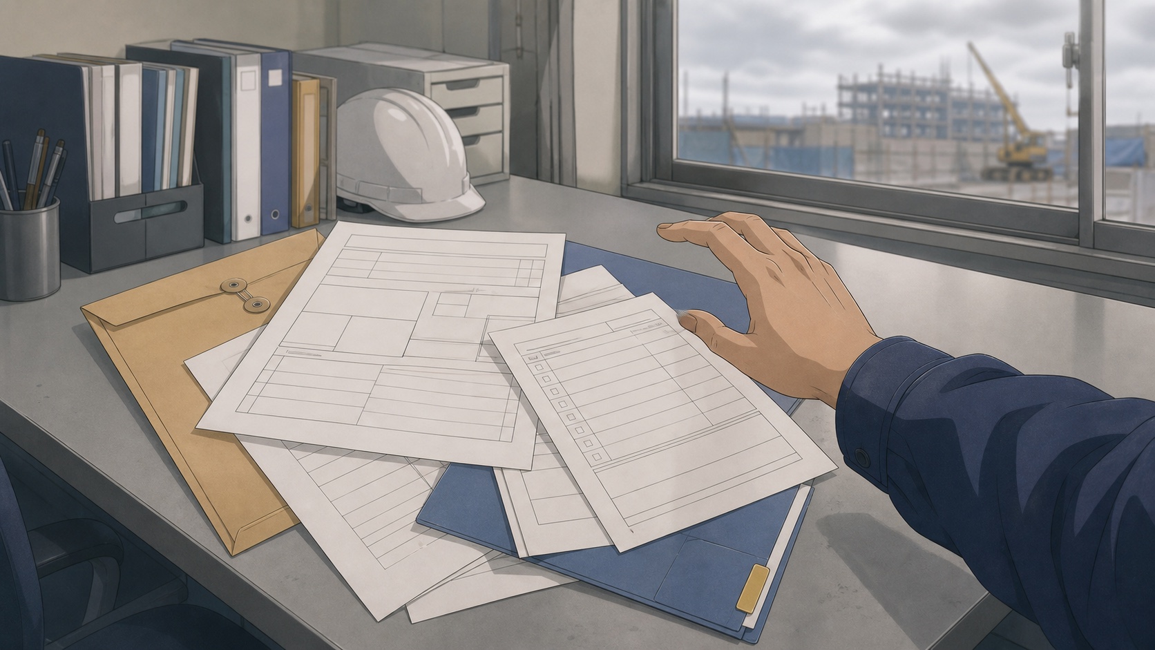 曇りの日の現場事務所。机に重なった様式の違う書類の上で、手が止まっている