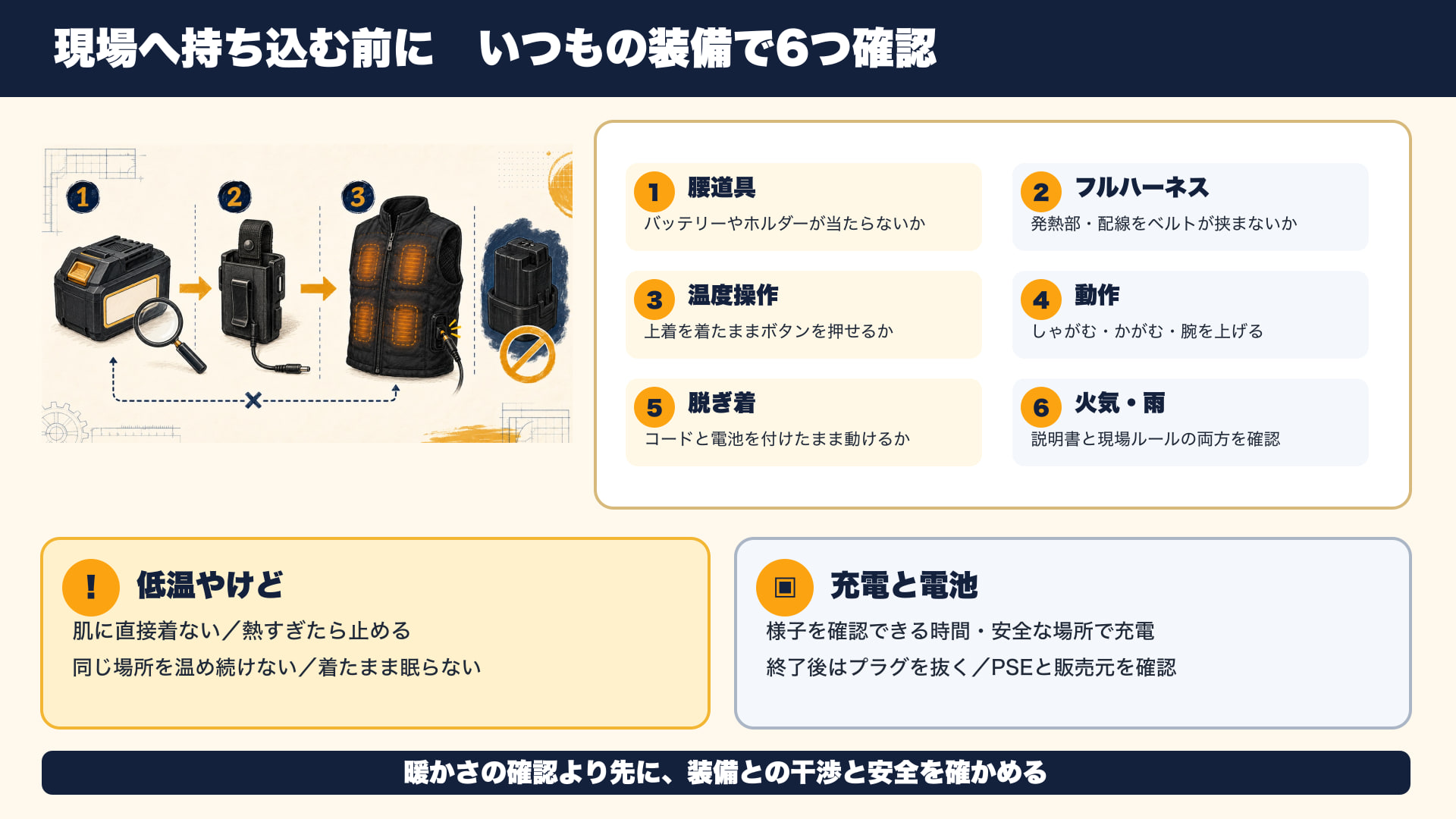 電熱ベストを現場へ持ち込む前に、腰道具・フルハーネス・温度操作・動作・脱ぎ着・火気や雨と、低温やけど・充電を確認する図