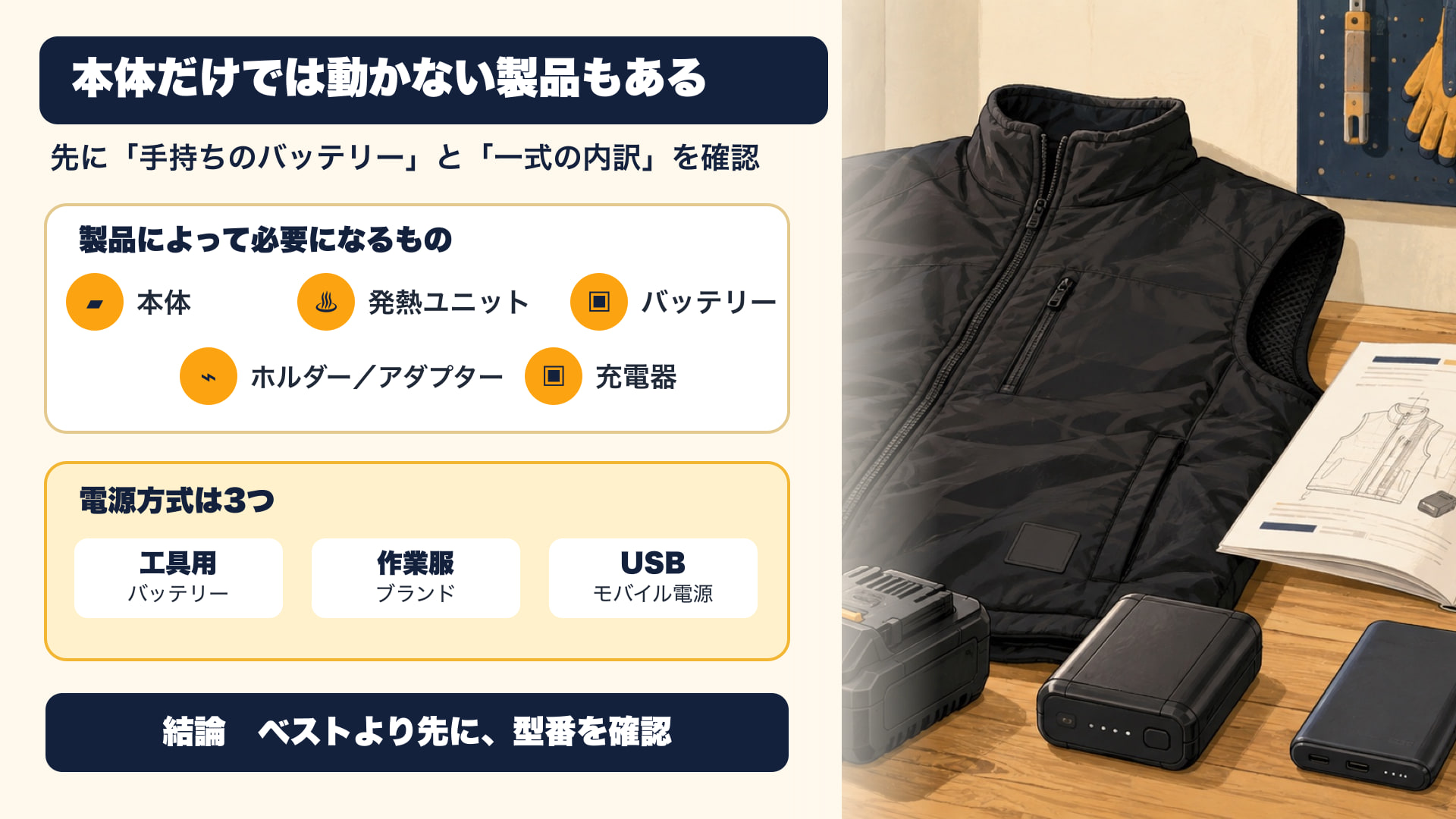 電熱ベストで製品によって必要になる本体・発熱ユニット・バッテリー・接続部品・充電器と、工具用・作業服ブランド・USBの3方式を整理した図