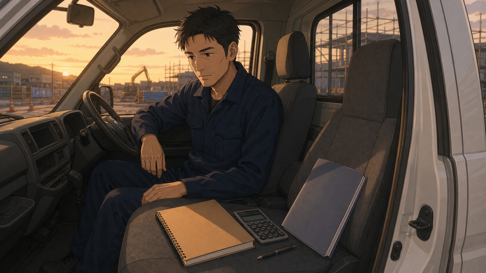 夕方、現場を終えた軽トラックの車内で、ノートと電卓を前に独立の準備を考える作業着姿の職人
