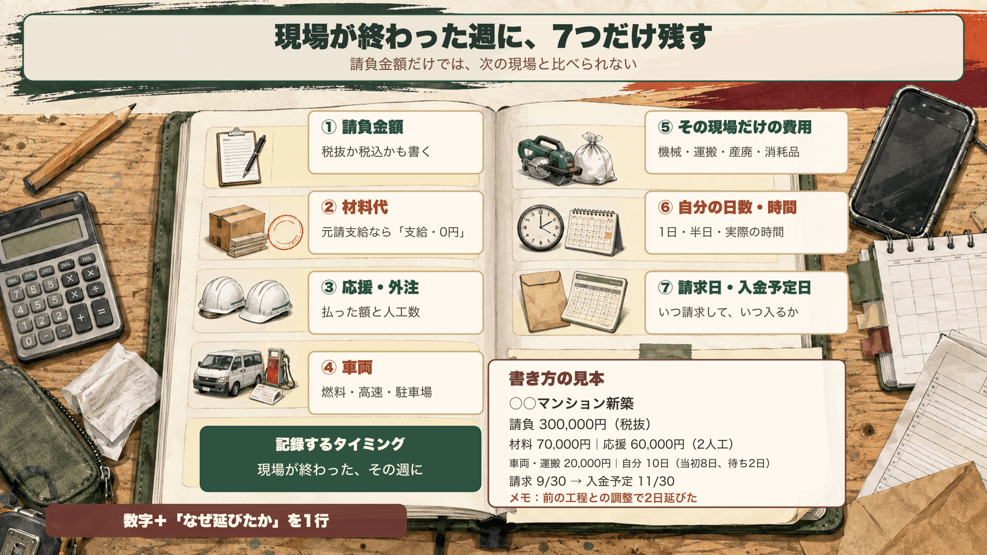 現場が終わった週に残す7つの数字を、現場ノートと道具のイラストで整理した図。①請負金額と税抜・税込、②材料代と元請支給、③応援・外注費と人工数、④燃料・高速・駐車場、⑤機械・運搬・産廃・消耗品、⑥自分の日数と時間、⑦請求日と入金予定日。記録するタイミングは現場が終わった週。請負30万円、材料7万円、応援6万円、車両・運搬2万円、自分10日、当初8日・待ち2日という記入例も掲載
