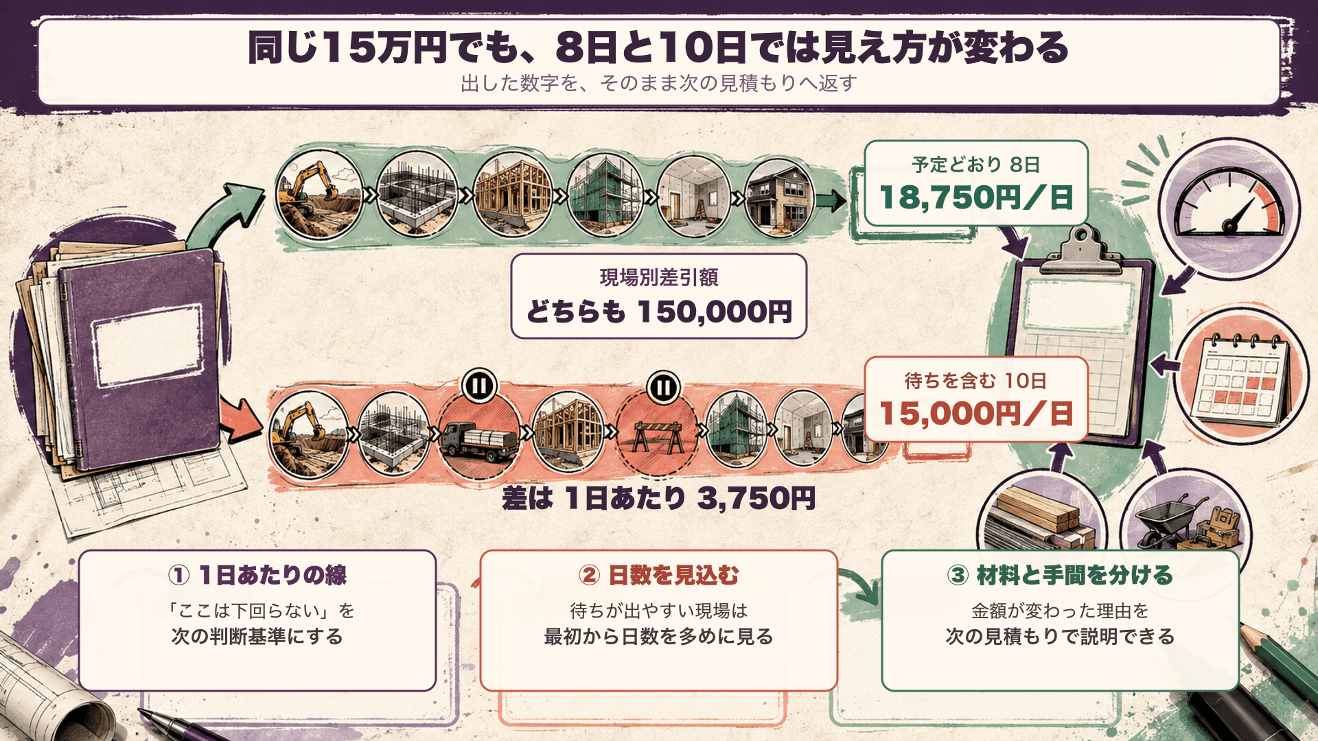 同じ現場別差引額15万円を、予定どおり8日で終えた場合の1日あたり18,750円と、待ちを含む10日の15,000円で比較した図。差は1日あたり3,750円。結果を次の見積もりへ返す方法として、①下回らない1日あたりの線を決める、②待ちが出やすい現場は日数を多めに見る、③材料と手間を分ける、の3つを示している