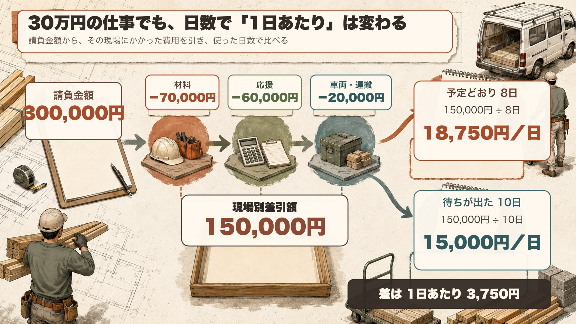 請負金額からその現場に直接かかった費用を引いて、自分が使った日数で割ると1日あたり差引額が出る流れを整理した図