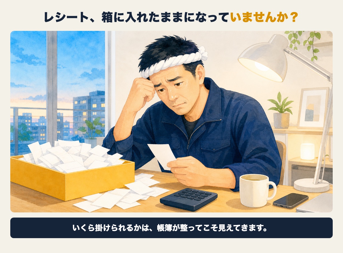レシートを前に悩む親方——帳簿が整ってこそ掛金の余力が見える