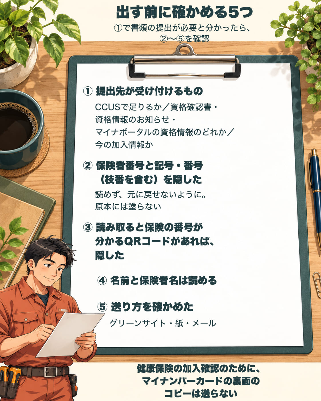 健康保険の証明を出す前に確かめる5つ。①で書類の提出が必要と分かったら②〜⑤を確認する。①提出先が受け付けるもの（CCUSで足りるか、資格確認書・資格情報のお知らせ・マイナポータルの資格情報のどれか、今の加入情報か）。②提出用のコピーで保険者番号と記号・番号（枝番を含む）を、読めず元に戻せないように隠した。原本には塗らない。③読み取ると保険の番号が分かるQRコードがあれば、隠した。④名前と保険者名は読める。⑤送り方を確かめた。下の帯に、健康保険の加入確認のために、マイナンバーカードの裏面のコピーは送らない
