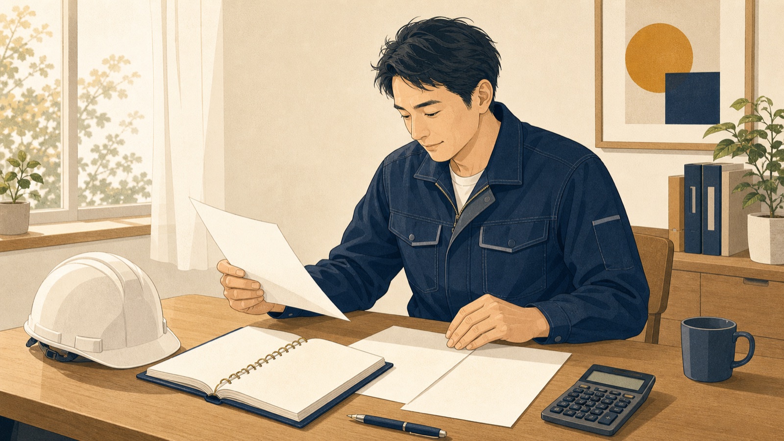 机で書類を確認する、作業着姿の一人親方のイラスト