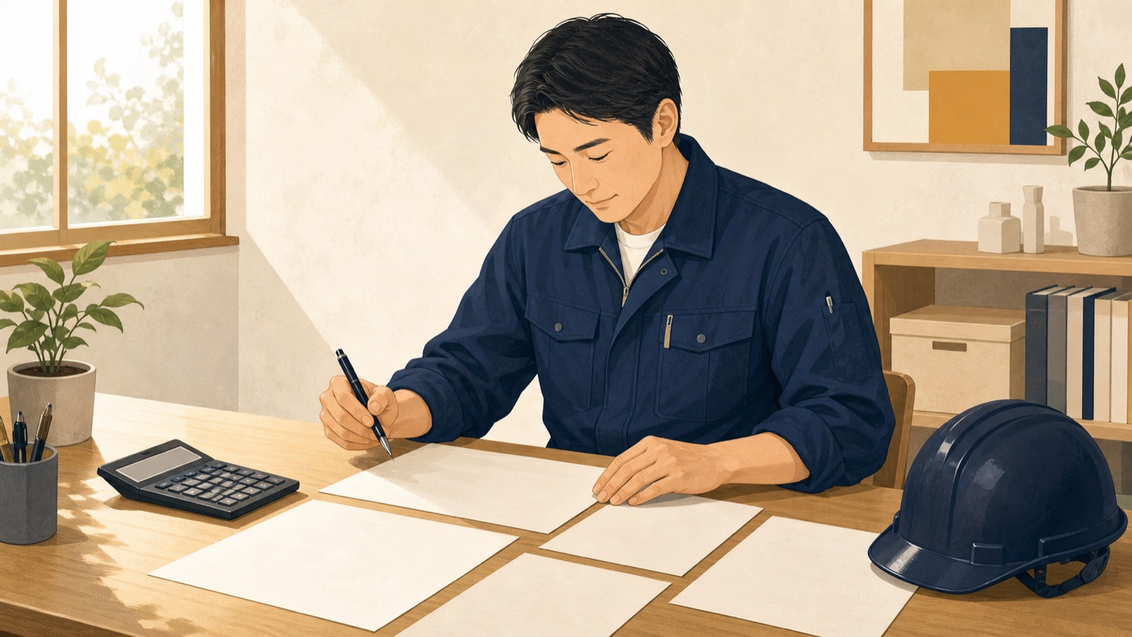 机で見積書を作成する、作業着姿の一人親方のイラスト