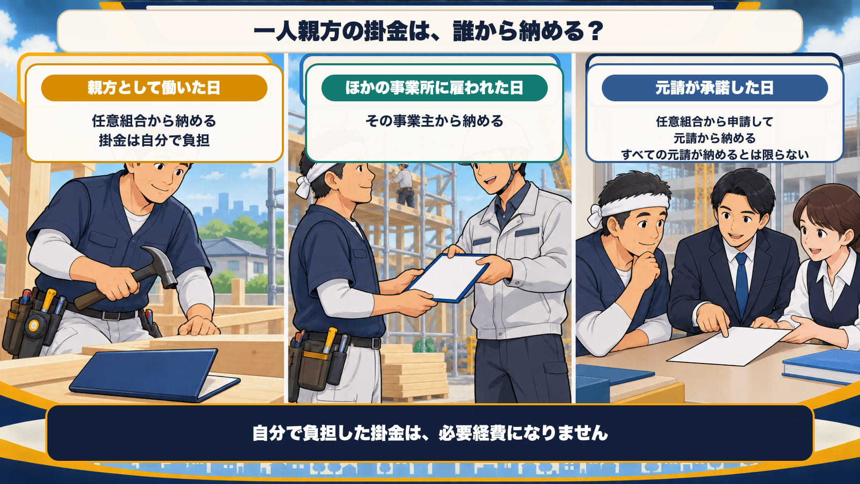 一人親方の掛金は、誰から納める？ 親方として働いた日＝任意組合から納め、掛金は自分で負担。ほかの事業所に雇われた日＝その事業主から。元請が承諾した日＝任意組合から申請して元請から（すべての元請が納めるとは限らない）。自分で負担した掛金は、必要経費にならない