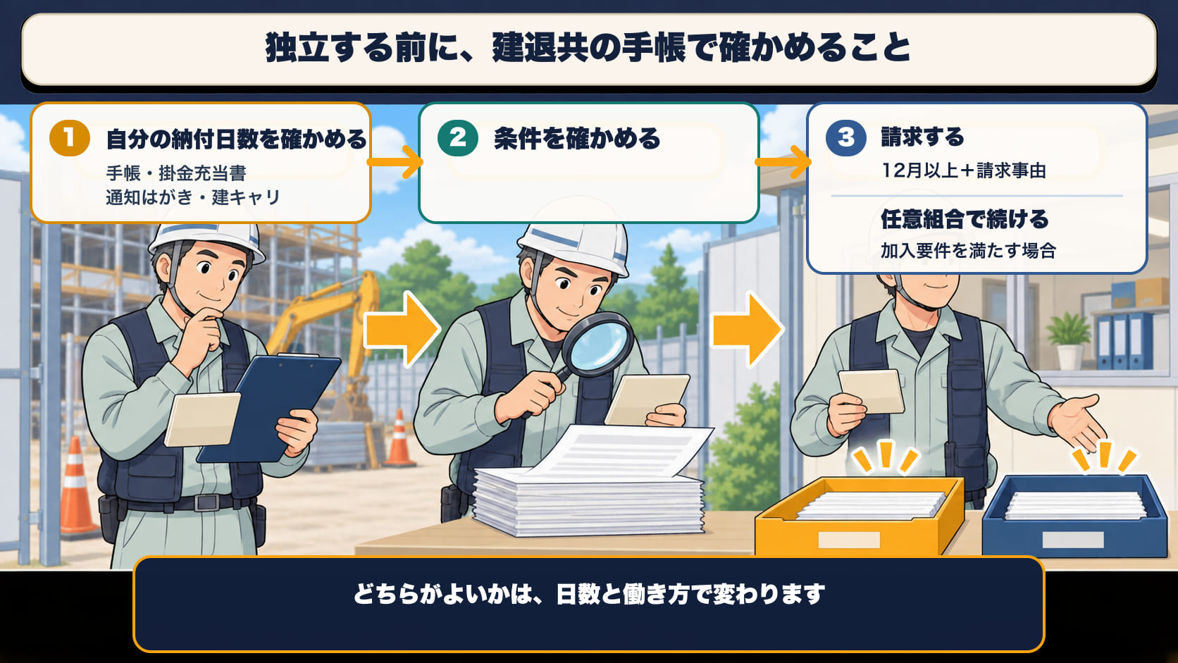 独立する前に、建退共の手帳で確かめること。①自分の納付日数を確かめる（手帳・掛金充当書・通知はがき・建キャリ）②条件を確かめる ③請求する（12月以上＋請求事由）、または任意組合で続ける（加入要件を満たす場合）。どちらがよいかは、日数と働き方で変わる
