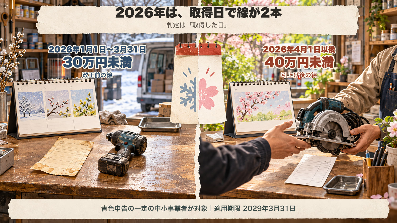 2026年は取得日で線が2本。2026年1月1日から3月31日までに取得したものは30万円未満、4月1日以後に取得したものは40万円未満。青色申告の一定の中小事業者が対象で、適用期限は2029年3月31日