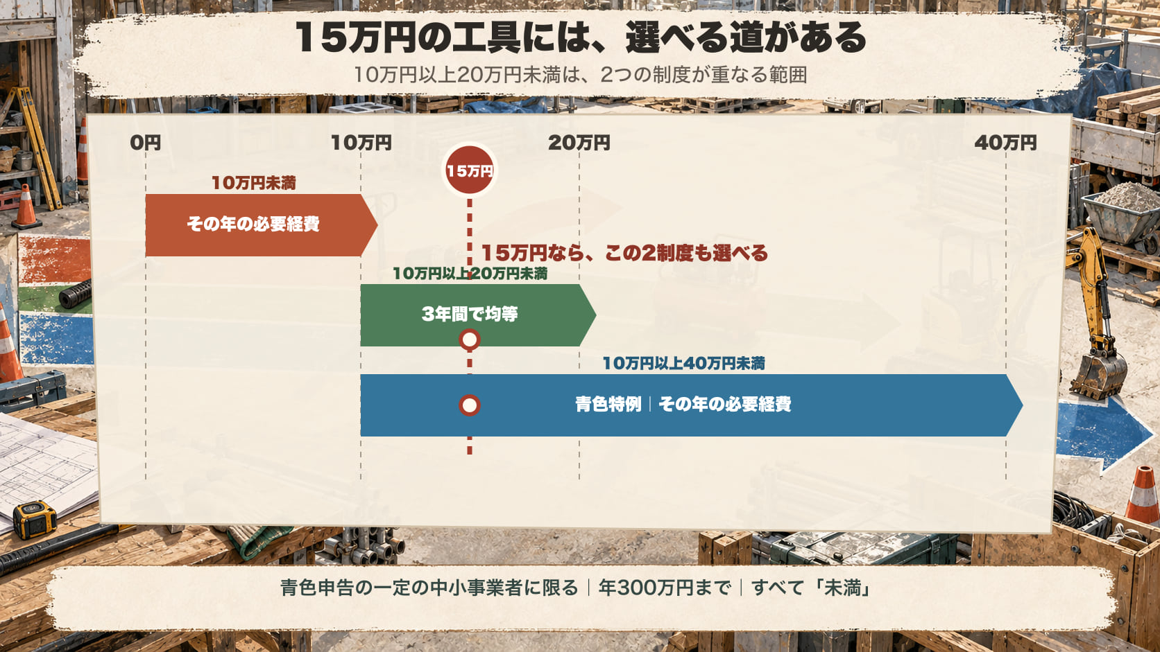 15万円の位置が、3年均等と青色申告の特例の帯に重なる図。この2制度に加えて通常の減価償却も選択肢になる。青色申告の特例は一定の中小事業者に限り、年300万円まで