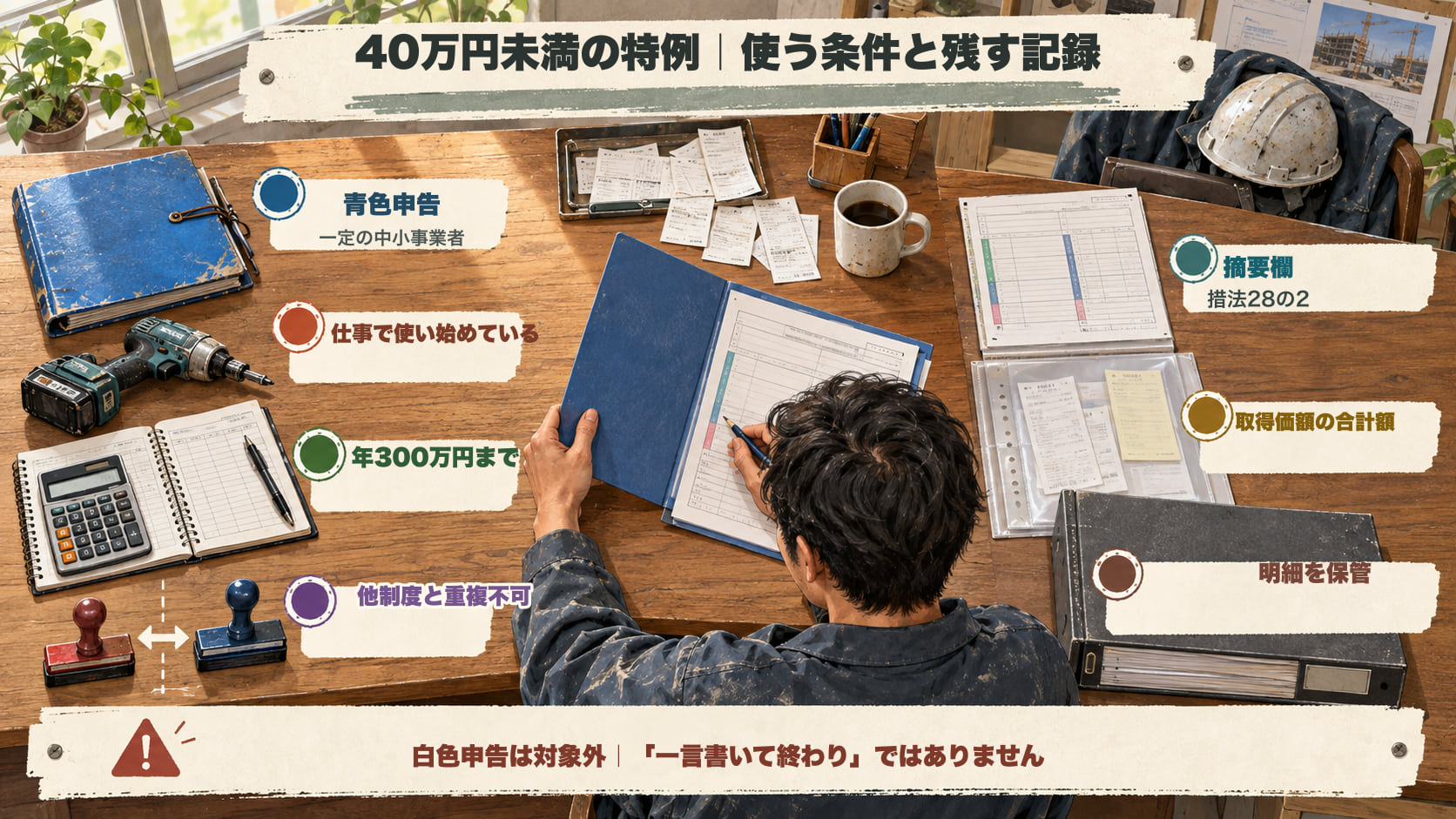 40万円未満の特例を使う条件と記録を示した図。青色申告の一定の中小事業者で、仕事に使い始め、年300万円以内で、他制度と重複しないことが条件。決算書に措法28の2、取得価額の合計額、明細を別途保管していることを記載し、明細を保管する。白色申告は対象外