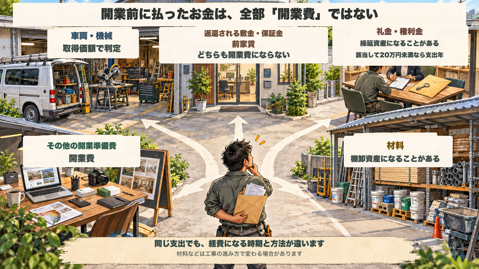 開業前の支出を5つに分けた図。車両・機械は取得価額で判定し、返還される敷金・保証金と、前家賃は開業費にならない。礼金・権利金は繰延資産になることがあり、該当して20万円未満なら支出年の必要経費になる。開業準備費は開業費、材料は棚卸資産になることがある