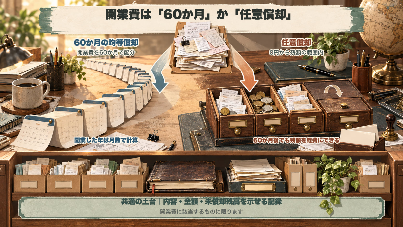 開業費は60か月の均等償却か任意償却かを選べることを示した図。均等償却は開業費を60か月で配分し、開業した年は月数で計算する。任意償却は0円から残額の範囲内で決められ、60か月後でも残額を経費にできる。共通の土台として内容・金額・未償却残高を示せる記録が要る