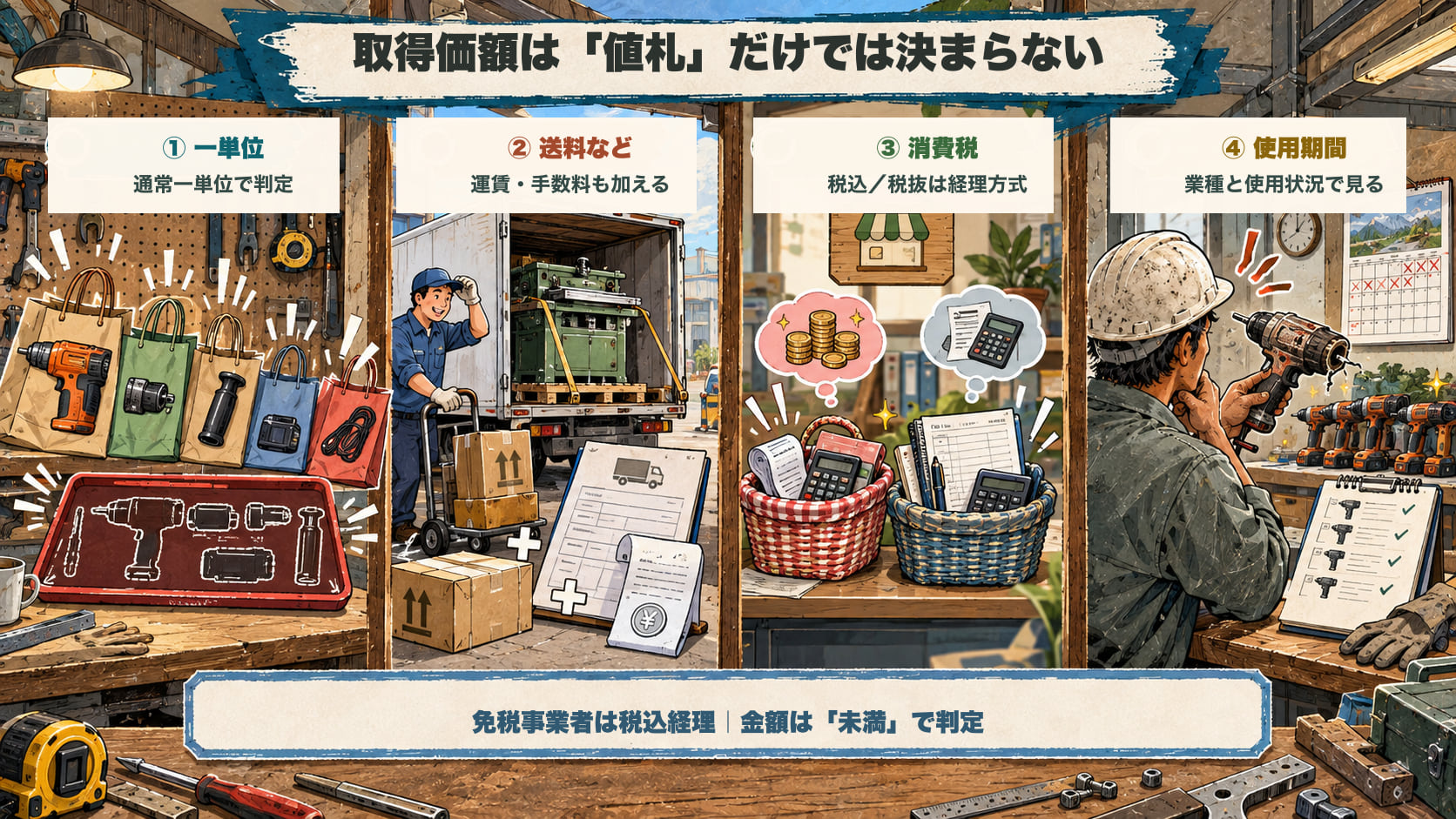 取得価額の確認点を示した図。通常一単位として取引される単位で判定し、運賃や手数料も取得価額に加える。消費税を含めるかは経理方式による。使用可能期間は業種と平均的な使用状況で判断する。免税事業者は税込経理