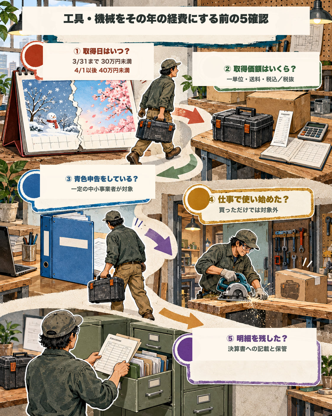 工具・機械をその年の経費にする前の5項目。①取得日。2026年3月31日までは30万円未満、4月1日以後は40万円未満。②取得価額。一単位、送料、税込・税抜を確認。③青色申告。一定の中小事業者が対象。④仕事で使い始めたか。買っただけでは対象外。⑤明細。決算書への記載と保管を確認