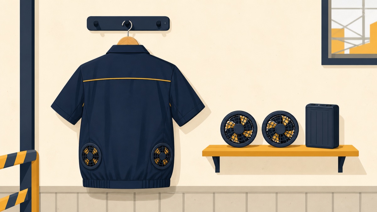 ハンガーに掛かった空調服とファン・バッテリーのイラスト