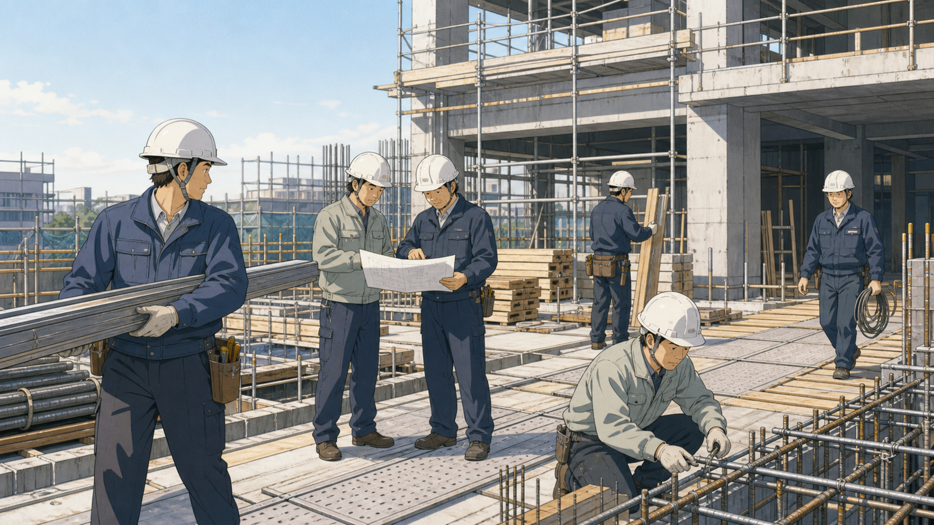晴れた日の建設現場。6人の職人が、資材の運搬、図面の確認、鉄筋の結束をそれぞれ同時に進めている