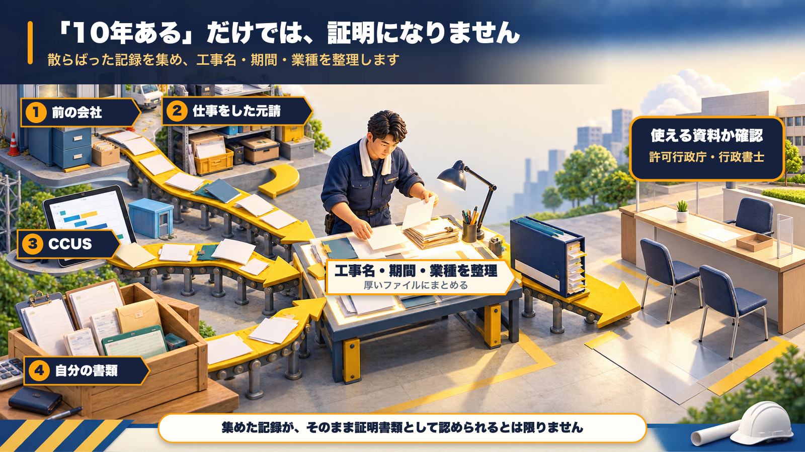 「10年ある」だけでは、証明になりません。散らばった記録を集め、工事名・期間・業種を整理する流れ。①前の会社 ②仕事をした元請 ③CCUS ④自分の書類から記録を集め、工事名・期間・業種を整理して、許可行政庁や行政書士に使える資料か確認する。集めた記録が、そのまま証明書類として認められるとは限らない