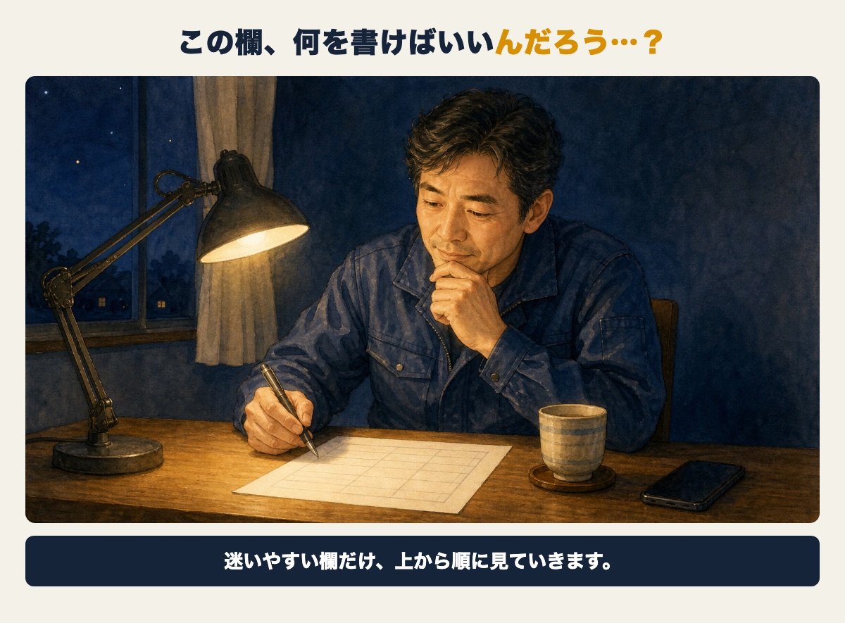 夜、作業員名簿を前に手が止まる職人のイラスト