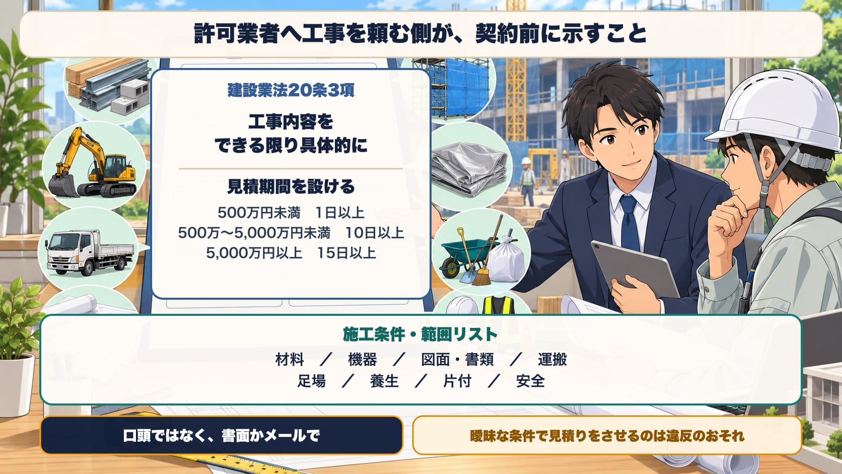 許可業者へ工事を頼む側が、契約前に示すこと。建設業法20条3項=許可業者へ工事を頼む注文者は契約前に、工事内容などをできる限り具体的に示し、見積期間を設ける(予定価格500万円未満は1日以上、5,000万円未満は10日以上、5,000万円以上は15日以上)。ガイドラインの施工条件・範囲リスト=材料・機器・図面・書類・運搬・足場・養生・片付・安全を明確に。口頭ではなく書面かメールで。曖昧な条件で見積りをさせるのは違反のおそれ
