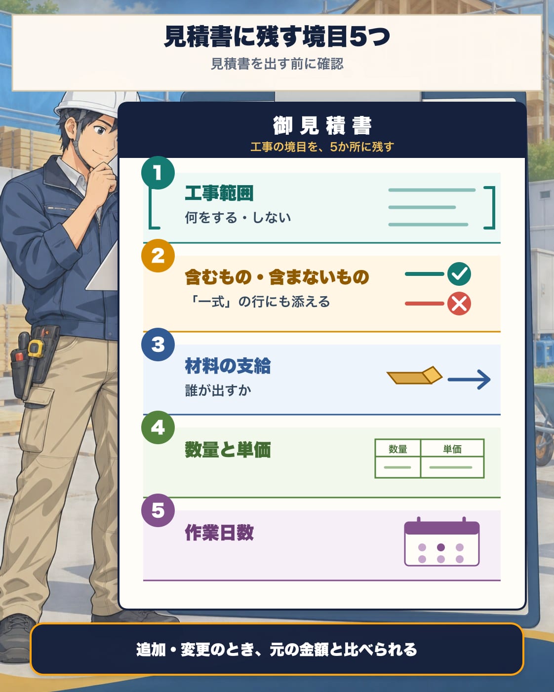 見積書に残す境目5つ。①工事範囲(何をする・しない)②含むもの・含まないもの(一式の行にも添える)③材料の支給(誰が出すか)④数量と単価 ⑤作業日数。追加や変更が出たとき、元の金額と比べられる