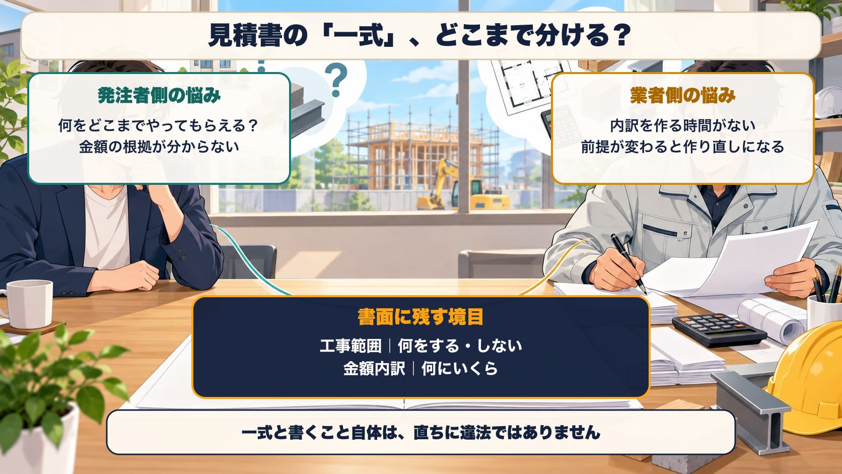 見積書の「一式」をめぐる2つの悩み。発注者側=この金額で何をどこまでやってもらえるのか、根拠が分からない。業者側=内訳を作る時間がない、前提が変わると作り直しになる。その間にあるのが、書面に残す境目=工事範囲(何をする・しない)と金額内訳(何にいくら)。一式と書くこと自体は直ちに違法ではない