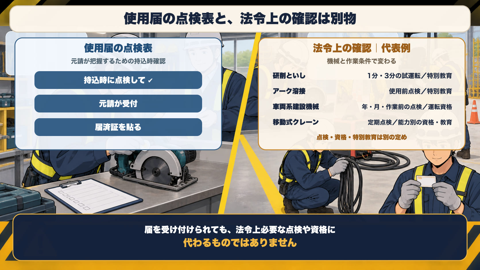 使用届の点検表と、法令上の確認は別物。左=使用届の点検表は、持込時に確認して元請が受け付け、届済証を貼る。右=法令で決まっている代表例は、研削といし(作業開始前1分以上・取替え後3分以上の試運転、取替え等は特別教育)、アーク溶接(使用前点検、特別教育)、車両系建設機械(年1回・月1回・作業開始前の点検、運転資格)、移動式クレーン(定期点検等、能力に応じた免許・技能講習・特別教育)。届を受け付けられても、法令上必要な点検や資格に代わるものではない。代表例であり、機械と作業条件で変わる