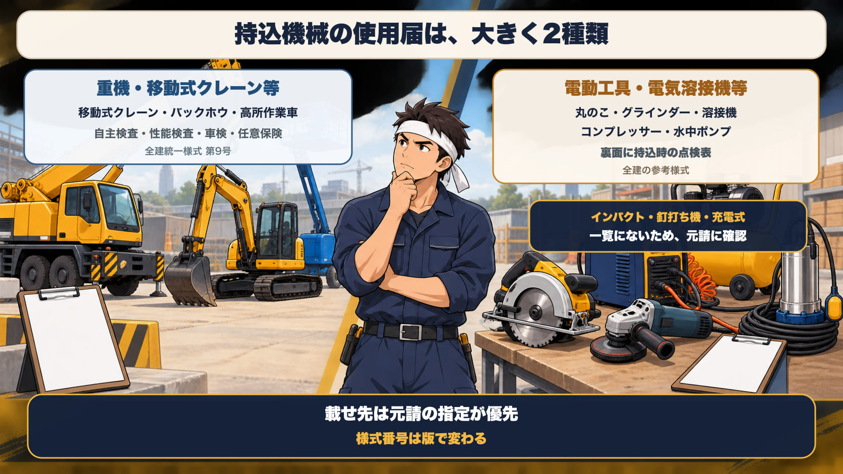 持込機械の使用届は2種類。左=移動式クレーン・車両系建設機械等の届(バックホウ・高所作業車など。自主検査や車検の欄がある)。右=電動工具・電気溶接機等の届(電動丸のこ・グラインダー・アーク溶接機・コンプレッサー・水中ポンプなど。裏面に持込時の点検表)。インパクトや釘打ち機、充電式工具は一覧に名前がないので元請の指定を確認する。どちらに載せるかは元請指定が優先で、様式番号は版によって変わる