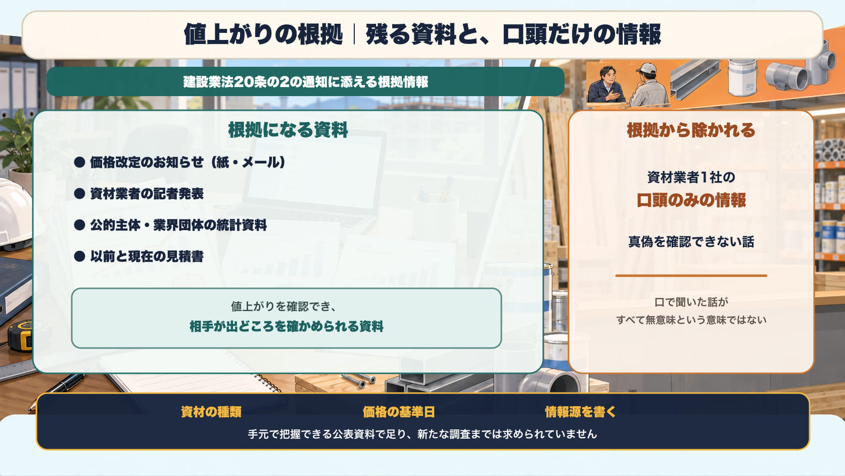 建設業法20条の2の通知に添える根拠情報。根拠になる＝価格改定のお知らせ（紙・メール）、資材業者の記者発表、公的機関や業界団体の統計資料、以前と現在の見積書。根拠から除かれる＝資材業者1社の口頭のみの情報、真偽を確認できない話。通知には資材の種類・価格の基準日・情報源を書く。新たな調査までは求められていない