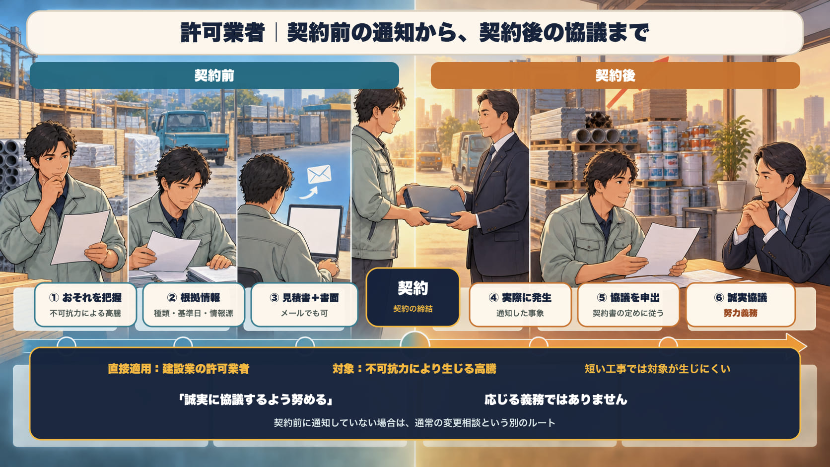 建設業法20条の2の流れ。契約前＝資材高騰のおそれを把握し、根拠情報を用意し、見積書に書面を添えて交付する（メールでも可）。契約後＝その事象が実際に発生したら、契約書の定めに従って協議を申し出る。注文者は誠実に協議するよう努める（努力義務）。許可業者の話で、不可抗力による高騰が対象。短い工事では対象が生じにくい