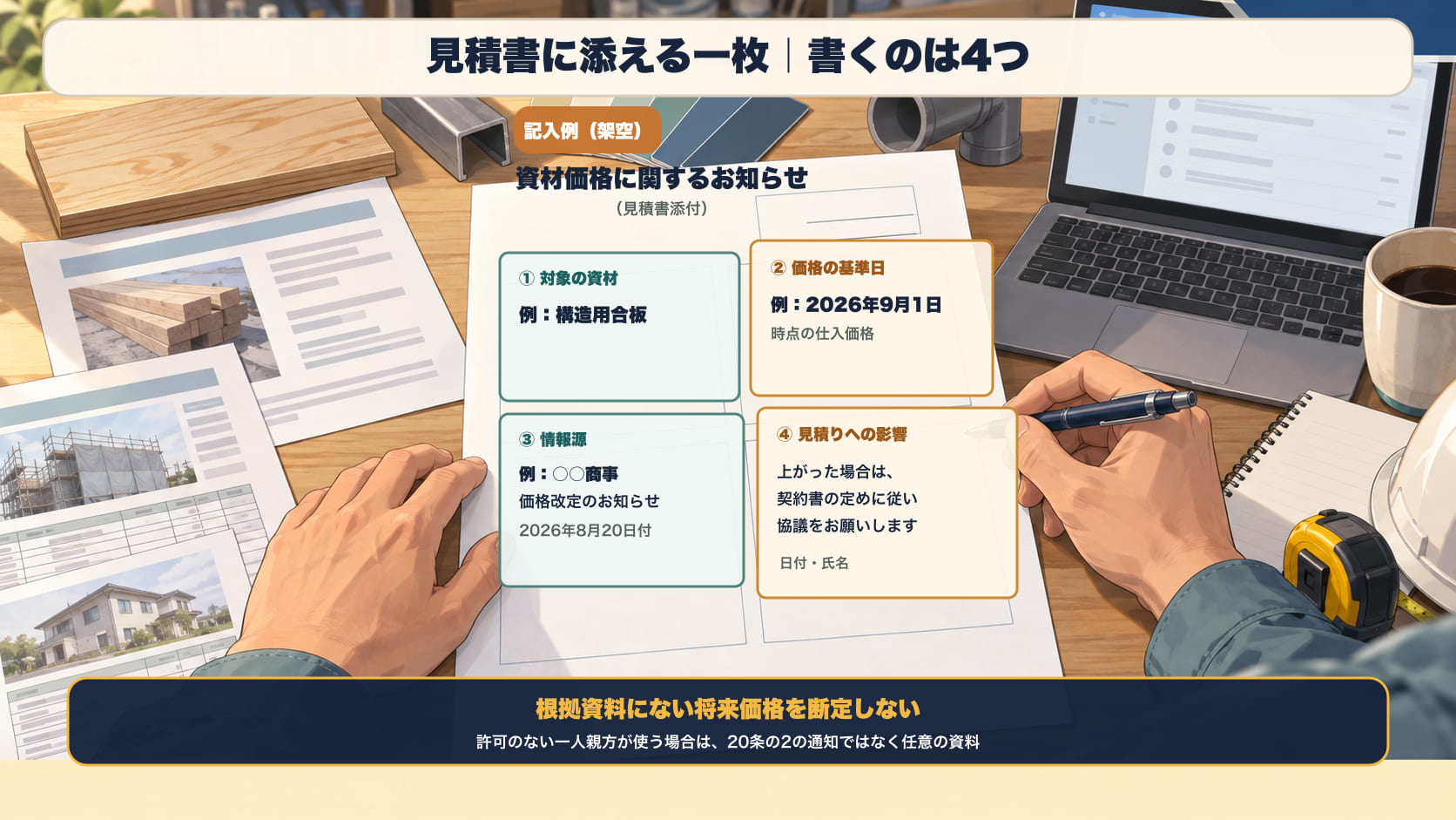 見積書に添える一枚の見本。件名＝資材価格に関するお知らせ。書くのは4つ。①対象の資材（例：構造用合板）②価格の基準日（例：2026年9月1日時点）③情報源（例：仕入先の価格改定のお知らせ）④見積りへの影響（上がった場合は契約書の定めに従って協議をお願いしたい旨）。日付と氏名。根拠資料にない将来価格は断定しない。記入例はすべて架空