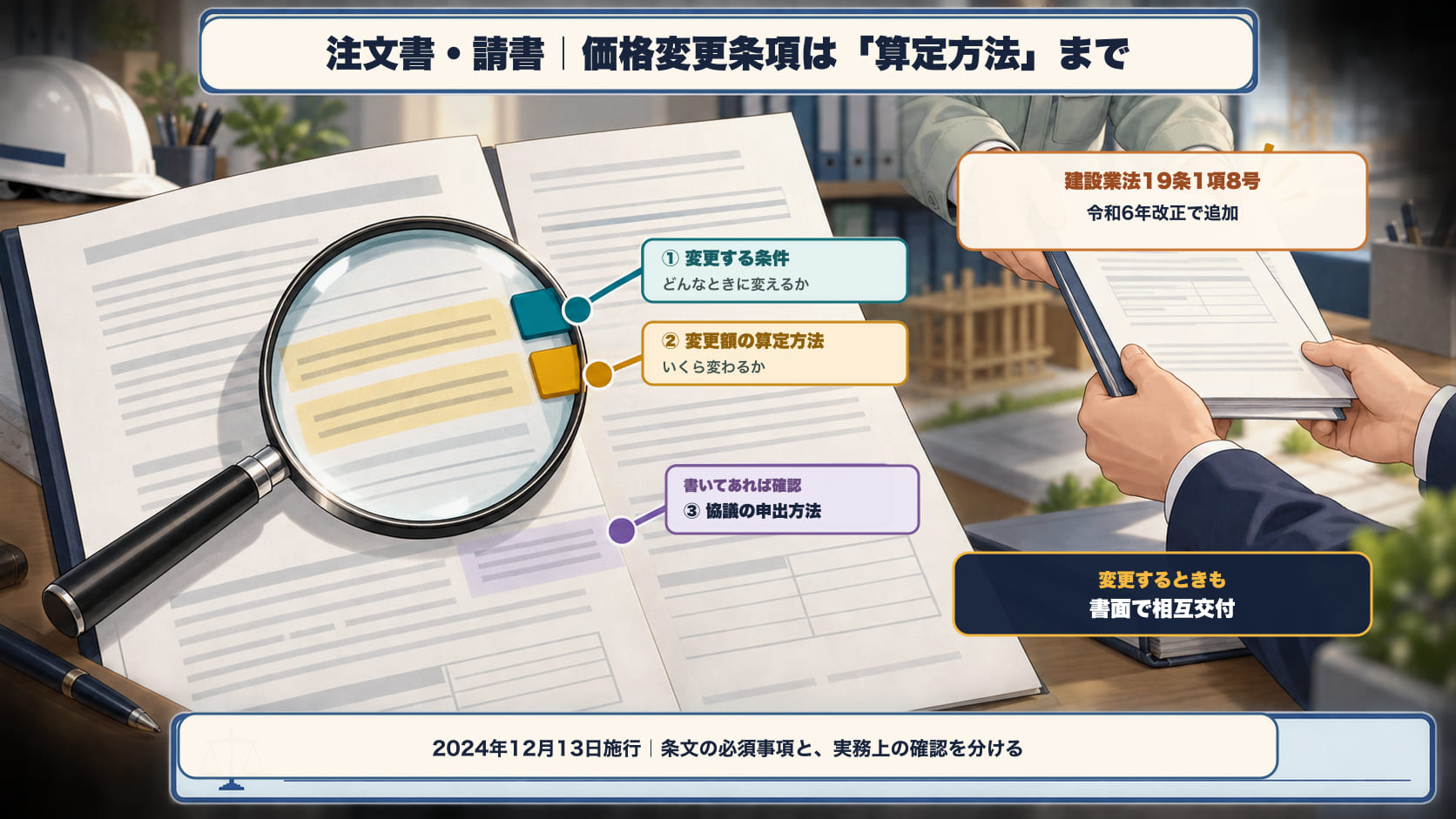 注文書・請書で確認する価格変更条項。建設業法19条1項8号＝価格等の変動又は変更に基づく工事内容の変更、請負代金の額の変更、その額の算定方法に関する定め。令和6年改正で追加され、2024年12月13日施行。条文で確認するのは①どんなときに変更できるか②いくら変わるか（算定方法）。協議の申出方法は、書いてあれば確認する。変更するときも書面で相互に交付する