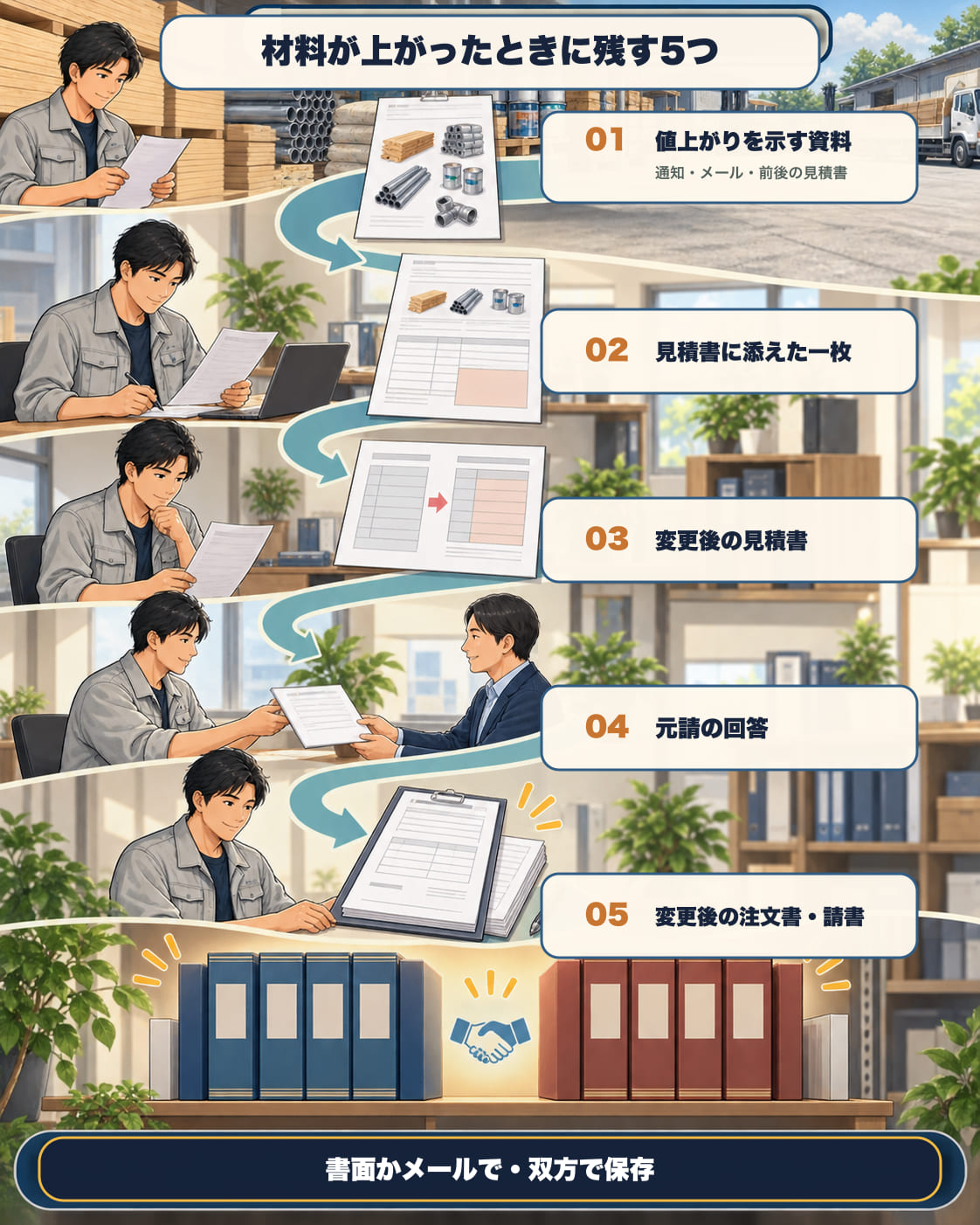 材料が上がったときに残す5つ。①値上がりを示す資料（価格改定のお知らせ・メール・以前と現在の見積書）②見積書に添えた一枚 ③変更後の見積書 ④元請の回答 ⑤変更後の注文書・請書。書面かメールで、双方が保存する