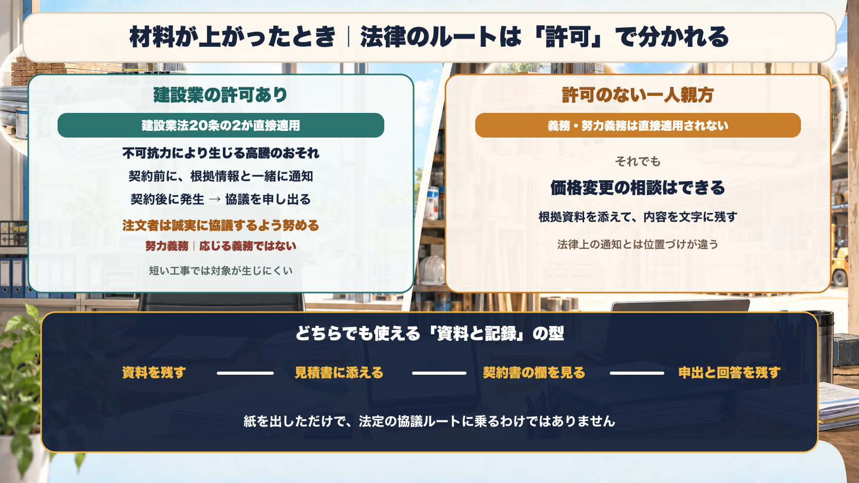 材料が上がったときの2つの立場。左＝建設業の許可がある場合、建設業法20条の2で、不可抗力による高騰のおそれを契約前に根拠情報と一緒に通知し、契約後に起きたら協議を申し出る。注文者は誠実に協議するよう努める。右＝許可がない一人親方には、この義務と努力義務は直接適用されない。下段＝どちらでも、資料を残す・見積書に添える・契約書の欄を見る・申出と回答を残す型は同じ