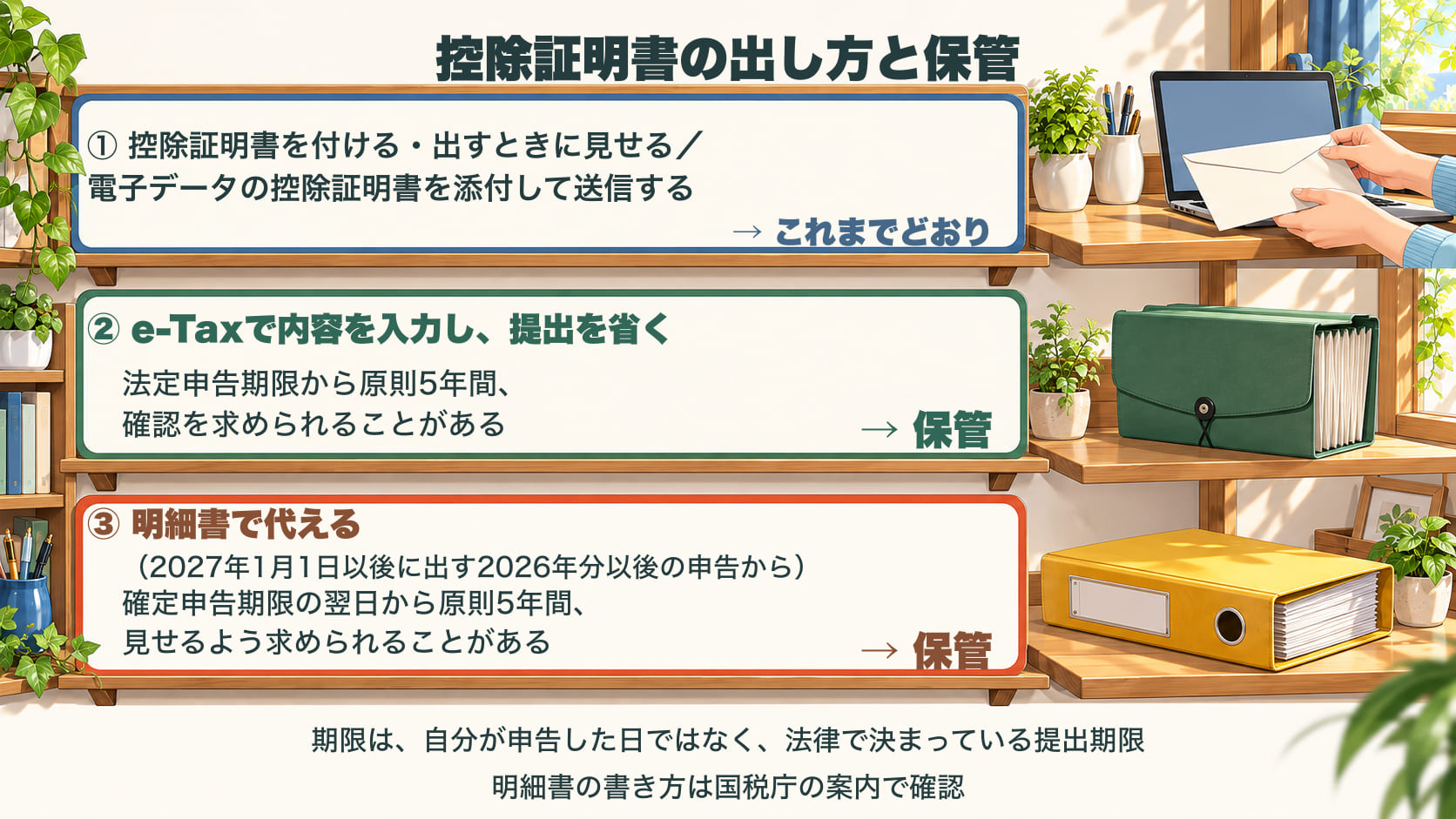 控除証明書の出し方3つと、申告のあとの保管を示した図。1つ目は、控除証明書を申告書に付けるか出すときに見せる方法、または電子データの控除証明書を添付して送信する方法で、これまでどおり。2つ目は、e-Taxで内容を入力して提出を省く方法で、法定申告期限から原則5年間、確認を求められることがあるので保管する。3つ目は、2027年1月1日以後に出す2026年分以後の申告から使える、明細書で代える方法で、確定申告期限の翌日から原則5年間、見せるよう求められることがあるので保管する。期限は、自分が申告した日ではなく、法律で決まっている提出期限。明細書の書き方は国税庁の案内で確認