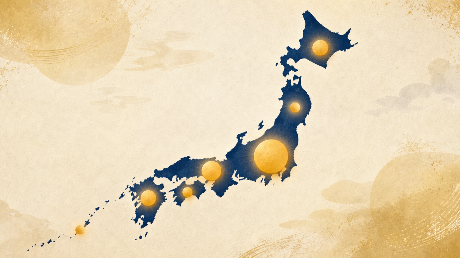 日本地図の上に、地域ごとに大きさの違う丸を配置し、労務単価の地域差をイメージしたイラスト
