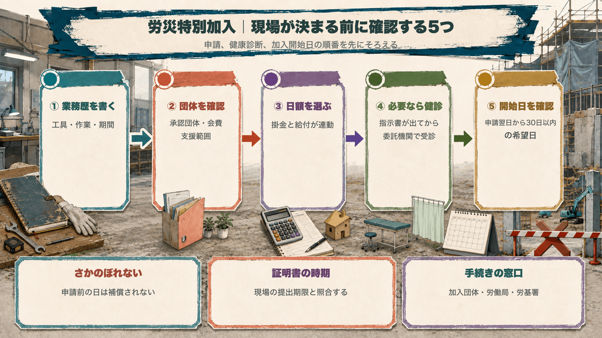 現場が決まる前に確認する5つ。①業務歴を書く（工具・作業・期間）②団体を確認（承認団体・会費・支援範囲）③日額を選ぶ（掛金と給付が連動）④必要なら健診（指示書が出てから委託機関で受診）⑤開始日を確認（申請翌日から30日以内の希望日）。申請前の日はさかのぼれず、証明書の時期は現場の提出期限と照合する